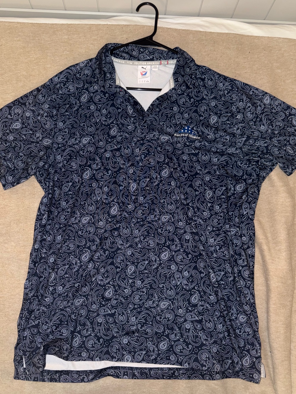 Puma Navy and White Paisley Folds of Honor Collab Short Sleeve Golf Polo